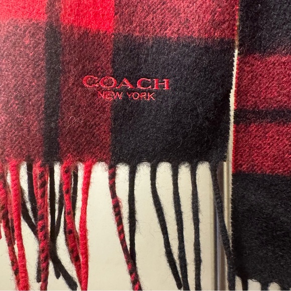 COACH Wool & Cashmere Plaid Winter Tasseled Wrap Scarf RED-BLACK / 12” W x 70” L - Picture 2 of 10